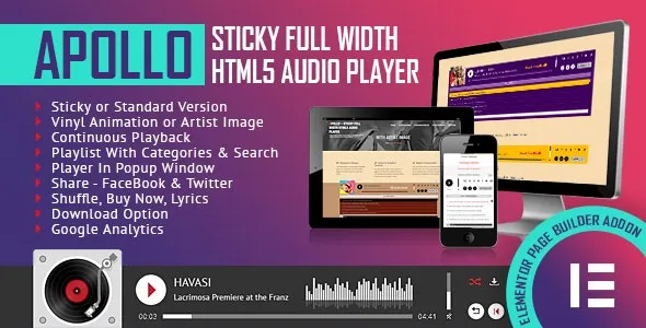Apollo – Sticky Full Width HTML5 Audio Player Elementor Widget